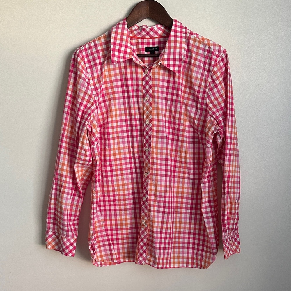 Talbots Women's 100% Cotton Pink and Orange Checkered Button-Down Shirt